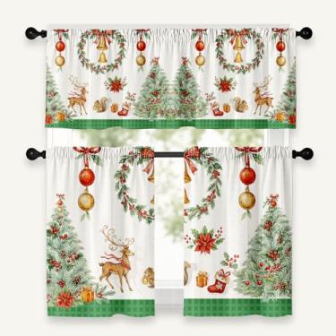 Imagem de Cortinas de cozinha de Natal 91 cm de comprimento, cortina de Natal verde para cozinha, conjunto de 3 peças, cortinas de janela de cozinha e sanefas sobre a pia para decoração de cozinhas Cortina de