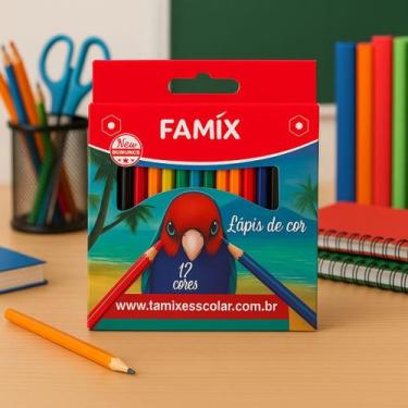 Imagem de Kit com 50 Lápis de Cor 12 Cores Mini Meio Pequeno Famix Material Esco