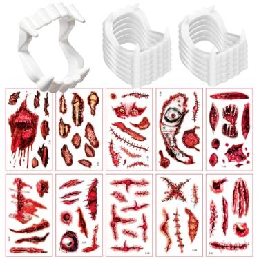 Imagem de Tandarui Vampire Teeth,12 PcsVampire Fangs with 10 Pcs Halloween Scar Tattoos,Werewolf Masquerade Teeth Dress Up Costume Fangs Halloween Cosplay Party Favors for Supplies Masquerade