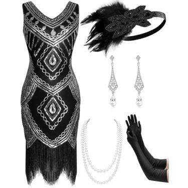 Imagem de Mukum Vestido feminino melindrosa anos 20, vintage, com franjas, com lantejoulas, ótimo Gatsby, conjunto de vestidos anos 20 para festas de Natal, Preto, prata, PP