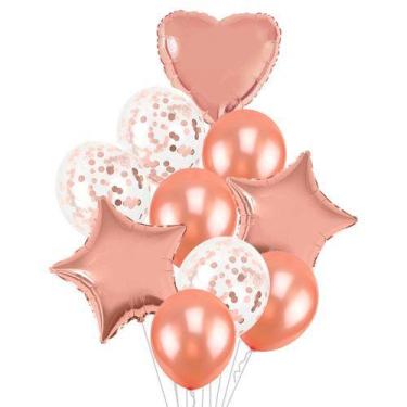 Imagem de Balão Kit Buquê Estrela E Coração 10 Peças - PartiuFesta, Rosa