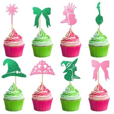 Imagem de 24PCS Pink and Green Cake Cupcake Toppers Decorations Princess and Witch Themed Cupcake Toppers Witch Hat Crown Bow Cake Food Safe Cake Decorations for Halloween Witch Themed Birthday Party Supplies
