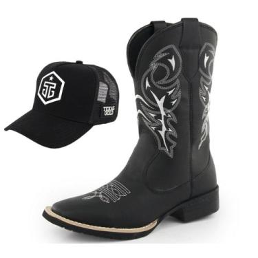 Imagem de Kit Bota Texana Masculina Couro Western Preta Delegada + Boné Trucker 