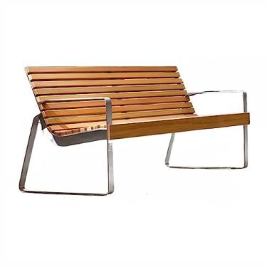 Imagem de Cadeiras de banco ao ar livre, bancos de parque com encosto e apoios de braço, estrutura de aço clássica, banco de madeira maciça, cadeiras de lazer para pátio, jardins traseiros J-Benches