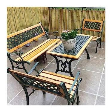 Imagem de Bancos de pátio ao ar livre, banco de jardim externo de ferro fundido com encosto, apoios de braços e pernas esculpidos, conjunto de banco de parque externo para varanda à beira da piscina, madeira