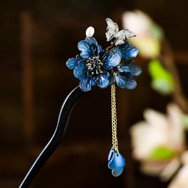 Imagem de Cayyoomm Bastão de cabelo vermelho escuro de resina com folhas azuis, elegante grampo de cabelo chinês Hanfu para mulheres, grampo de cabelo de metal para cabelos longos, acessório de cabelo vintage