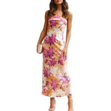 Imagem de Vestido maxi Realtix Summer com estampa de cetim sem encosto para mulh