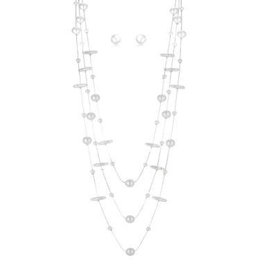 Imagem de Conjunto de colar e brinco de pérolas longas em camadas com contas de pérolas para mulheres, conjuntos de bijuterias brancas presentes para mãe, Pérola sintética, Sem Pedra Preciosa