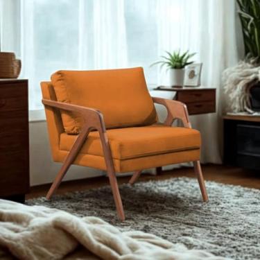 Imagem de Poltrona Mona Luxo Design Moderno em Madeira Maciça Tecido Linho Terracota