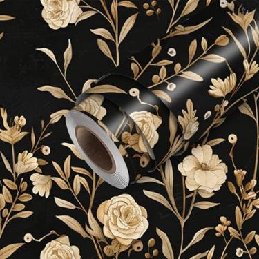 Imagem de HOMETITUTE Papel de parede floral descasque e cole preto dourado flor contato papel de parede bastão de papel de parede 300 x 45 cm revestimento de parede decorativo de vinil autoadesivo para quarto