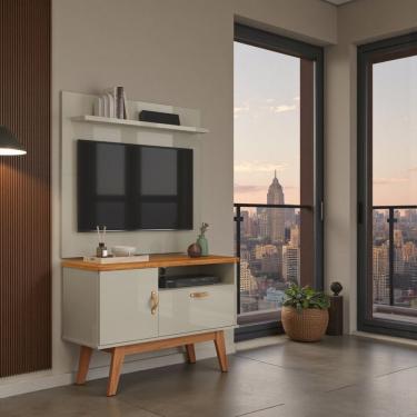 Imagem de Painel para Sala e Rack Sirius Pés de Madeira Puxadores Couro Patrimar