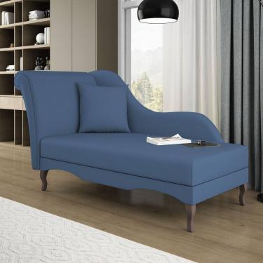 Imagem de Divã Recamier Chaise Longue Valentina Clássico com Pés de Madeira Linho Azul Denim - Desk Design