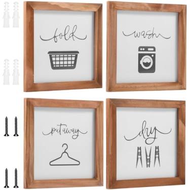 Imagem de XYDHQS Decoração de parede de placas de lavanderia, conjunto de 4 arte de parede dobrável para lavar a seco, placa decorativa de madeira para pendurar roupa vintage para exibição, 19 × 19 × 0,59