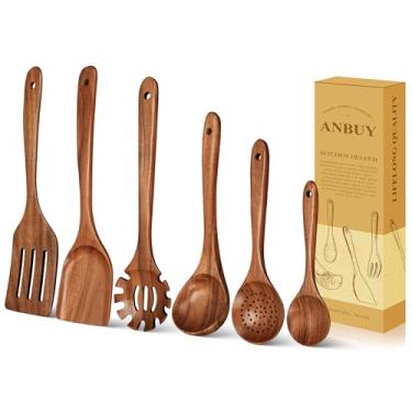 Imagem de ANBUY Conjunto de utensílios de cozinha de madeira com 6 peças, colheres de madeira para cozinhar, espátulas e conchas de wok resistentes ao calor, resistente ao calor, espátulas e conchas, escorredor