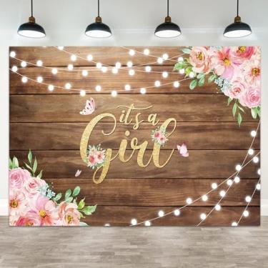 Imagem de ASDCXZ Pano de fundo para chá de bebê de 1,5 x 0,9 m, fundo fotográfico, rosa, floral, borboleta, folhas verdes, placa de madeira rústica, decoração de festa de aniversário, decoração de festa de