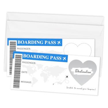 Imagem de ltazhyi Conjunto de 2 bilhetes de presente de cartão de embarque azul, cartão de raspadinha de bilhete de viagem DIY, cartões de raspar e revelar de 9 x 20 cm, cartões de presente de viagem surpresa