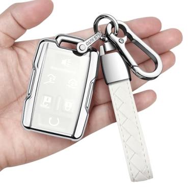 Imagem de Sindeda Capa para chaveiro Chevrolet com chaveiro capa de chave macia de proteção total compatível com Colorado Silverado Suburban Tahoe GMC Canyon Sierra 1500 2500 3500 HD 6 botões (branco)