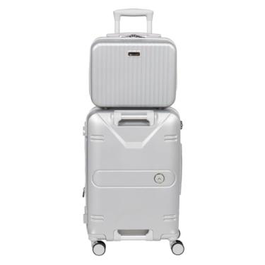 Imagem de Mala De Bordo 10kg Rigida Expansiva Rodas 360 Porta Copos Alça Frontal + Frasqueira (Prata)