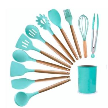 Imagem de Jogo de Cozinha Kit com 12 Peças de Silicone, Utensílios e Copo Suporte para Cozinha Cabo de Madeira(verde)