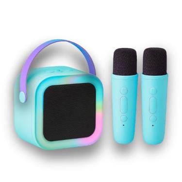 Imagem de Karaokê Infantil Portátil com LED, Caixa de Som Bluetooth, 2 Microfones Sem Fio, Recarregável, Modos de Voz Divertidos (Azul)