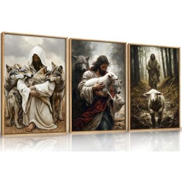Imagem de KAIRNE Conjunto de 3 arte de parede Jesus O Bom Pastor, impressões em tela emolduradas com lobos de cordeiro cristãos, decoração religiosa rústica para casa e igreja, arte vintage em versículo bíblico