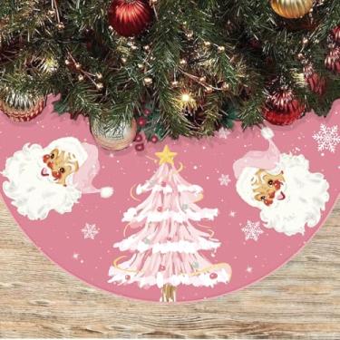 Imagem de Saia de árvore de Natal rosa blush 121 cm, saia de árvore de Papai Noel com gola de árvore de Natal padrão de floco de neve, decorações de festa de Natal de Ano Novo para ambientes internos e externos