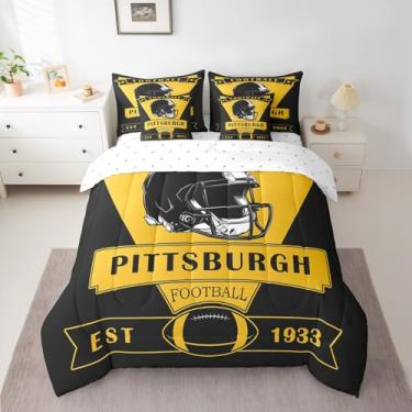 Imagem de Feelyou Conjunto de edredom de futebol americano com lençóis, Pittsburgh, 7 peças, cama king size, futebol americano em uma bolsa, presente para fãs de futebol americano