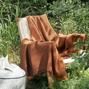 Imagem de MooMee Cobertor de musselina - Cobertor de gaze de 4 camadas 100% algodão com borlas ultramacio respirável leve refrescante para sofá de cama (laranja claro, 152 cm x 127 cm)