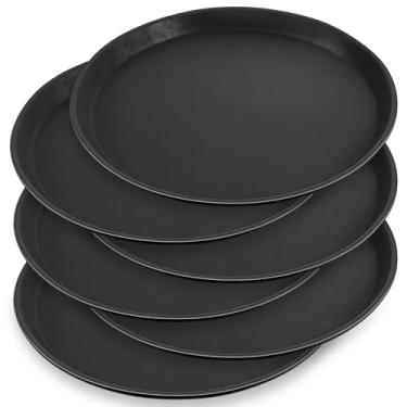 Imagem de Conjunto de 6 bandejas redondas pretas, bandejas antiderrapantes de 28 cm para restaurante, bandejas grandes para servir alimentos com bordas elevadas, bandeja de bar para casa, restaurante, cozinha