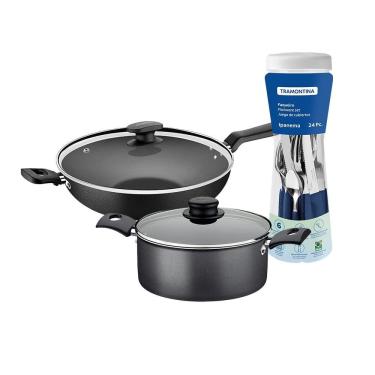 Imagem de Caçarola Turim Alumínio grafite Antiaderente 2,8L + Faqueiro Ipanema Azul 24pc + Wok Lo...