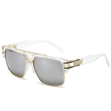 Imagem de Óculos de sol da moda, armação transparente, óculos de metal, masculino e feminino, armação retrô, guarda-sol espelhado (prata transparente)