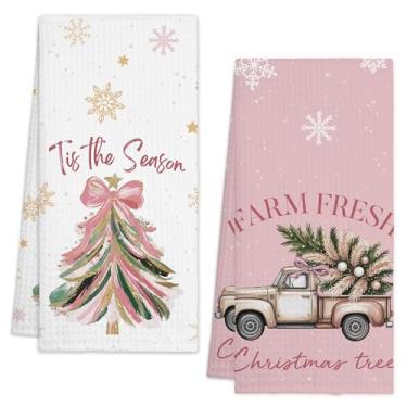 Imagem de Toalhas de cozinha de Natal - rosa, caminhão de árvore de Natal, toalhas de mão absorventes de floco de neve, decoração de férias de inverno para casa de fazenda, cozinha, banheiro, suprimentos de