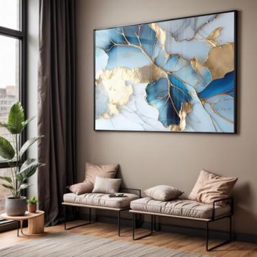 Imagem de Quadro com Moldura e Acrilico Cristal Vidro Sala Quarto Abstrato Azul Mármore Decorativo Horizontal Grande Hall