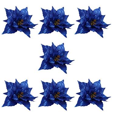 Imagem de EXCEART 7 peças de enfeite de flores de Natal com glitter, árvore de Natal, flor de poinsétia artificial, faça você mesmo, grinalda de decoração de árvore de Natal (azul)