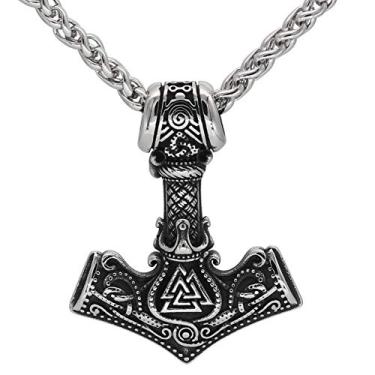 Imagem de GuoShuang Nordic Viking Mjolnir Thor Hammer Valknut Colar de aço inoxidável para homens com bolsa de presente Valknut Prata