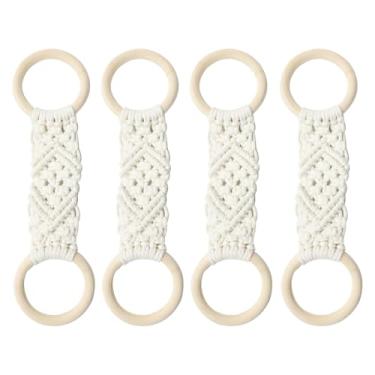 Imagem de Anéis de toalha, 4 peças, suportes de toalha de madeira de crochê, macramê, boho, cabides de guardanapo para banheiro, cozinha, quarto