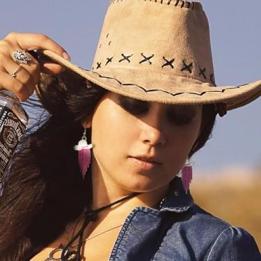 Imagem de Western Cowgirl Chapéu esmaltado brilhante strass borla brincos pendentes baile shows country roupas cowboy roupas rodeio joias presente para mulheres, cristal roxo e chapéu branco