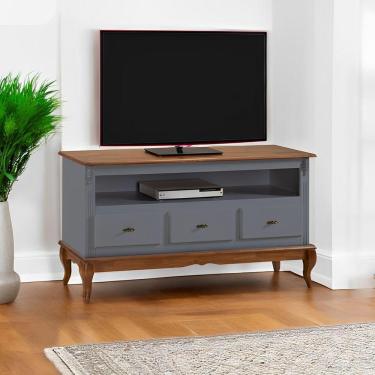 Imagem de Rack Para Sala 3 Gavetas E Nicho Pés Luis Xv - Cinza Laca Com Tampos E Base Imbuia Glazer