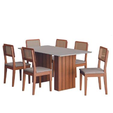Imagem de Conjunto De Mesa Sala De Jantar Ripada Tampo Com Vidro 1,60m 6 Cadeiras Santiago Dobuê Madeirado/off White