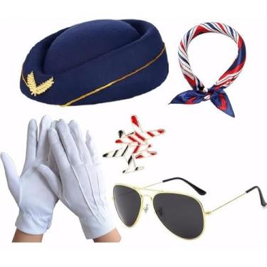 Imagem de opdypcs 6 peças femininas acessórios de fantasia de comissária de bordo roupas de aeromoça, Azul escuro, One Size