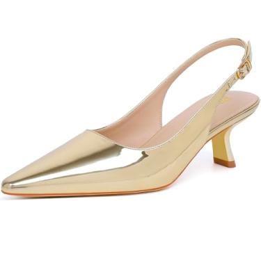 Imagem de RIBONGZ Salto gatinho feminino bico fino fechado salto baixo salto slingback fivela tiras conforto vestido sapatos namoro casamento festa de formatura trabalho, Dourado, 38