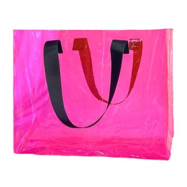 Imagem de TotePrint Bolsa de praia holográfica de PVC impermeável - 45 × 33 × 15 cm, bolsa transparente grande para mulheres, homens, piscina, viagem, areia, carregar todos, Rosa fluorescente, Large, Bolsa de