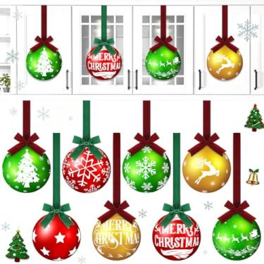 Imagem de Fiwochic 8 peças de enfeite de pendurar de armário de cozinha de Natal com laço verde vermelho de veludo 25 cm grande de madeira decoração de bola de feliz Natal 3D para cozinha, porta da frente