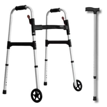 Imagem de Andador desmontavel dobrável rodas idoso + bengala regulável - MERCUR