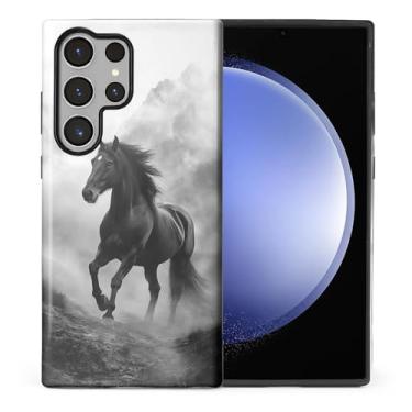 Imagem de CARLOCA Capa protetora brilhante para Samsung Galaxy S23 Ultra Full Body para meninas e meninos à prova de choque estampa estética cavalo preto correndo montanhas enevoadas