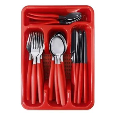 Imagem de Faqueiro Inox 25 Peças com Organizador – Talheres com Cabo Vermelho para Cozinha, Garfos, Facas e Colheres em Aço Inoxidável