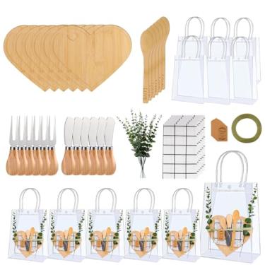 Imagem de 6 conjuntos de prêmios de chá de bebê para vencedores de jogos, presentes de convidados, tábua de charcutaria com colheres espalhadores de manteiga, garfos, toalha xadrez, cartão de agradecimento e