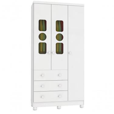 Imagem de Armário Infantil 3 Portas 3 Gavetas Tedy - Moveis Peroba Branco Brilho