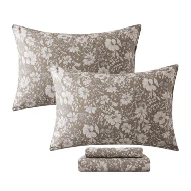 Imagem de FADFAY Jogo de cama Queen 100% algodão, estampa botânica de mousse de mocha, macio e respirável para todas as estações, estampa floral vintage com lençol de cima, lençol com elástico e 2 fronhas