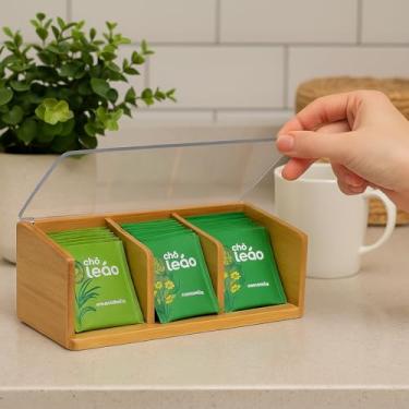Imagem de Organizador de Chá em Bambu com 3 Compartimentos, Tampa Transparente em PS, 21,5x11x8,5 cm, Caixa Organizadora para Sachês com Divisórias, Design Elegante